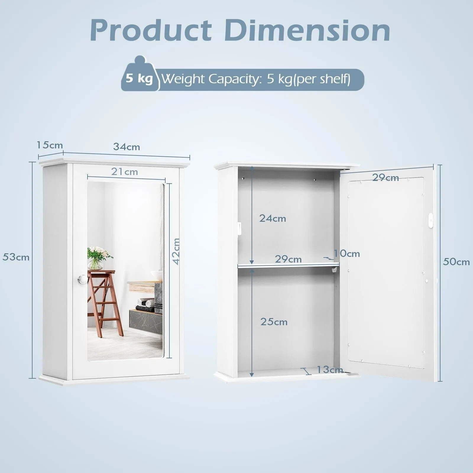 1-Door Wall-Mounted Mirrored Medicine Cabinet with Adjustable Shelf-White