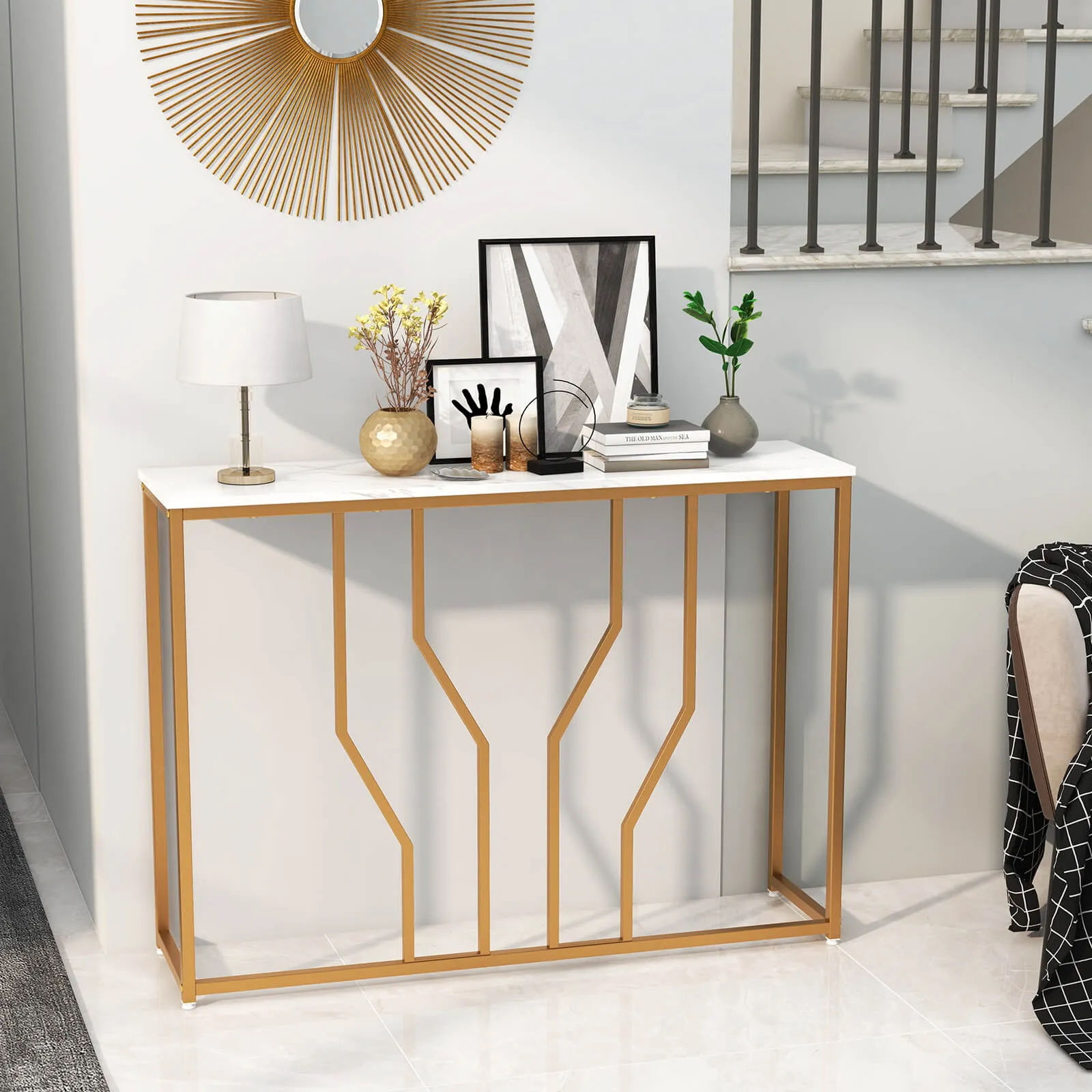 110 cm Gold Console Table Entryway Table with Faux Marble Tabletop-White; Golden