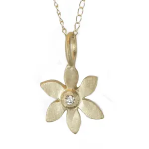 14K Gold Flower Necklace with Diamond by Emily Rosenfeld Jewelry