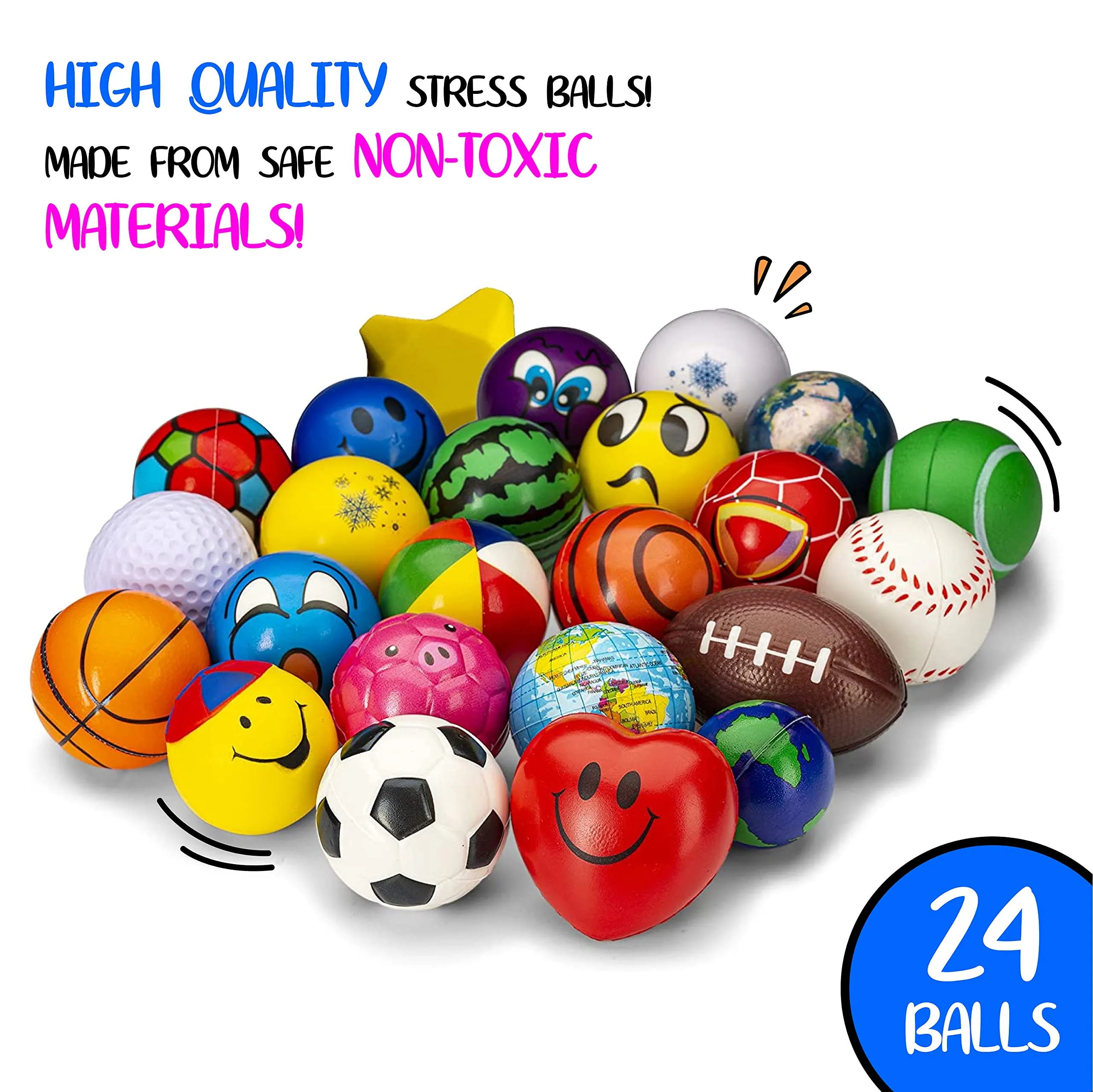 24 Stress Balls - Bulk Pack Of 2.5" Stress Balls - Treasure Box Classroom Prizes, Party