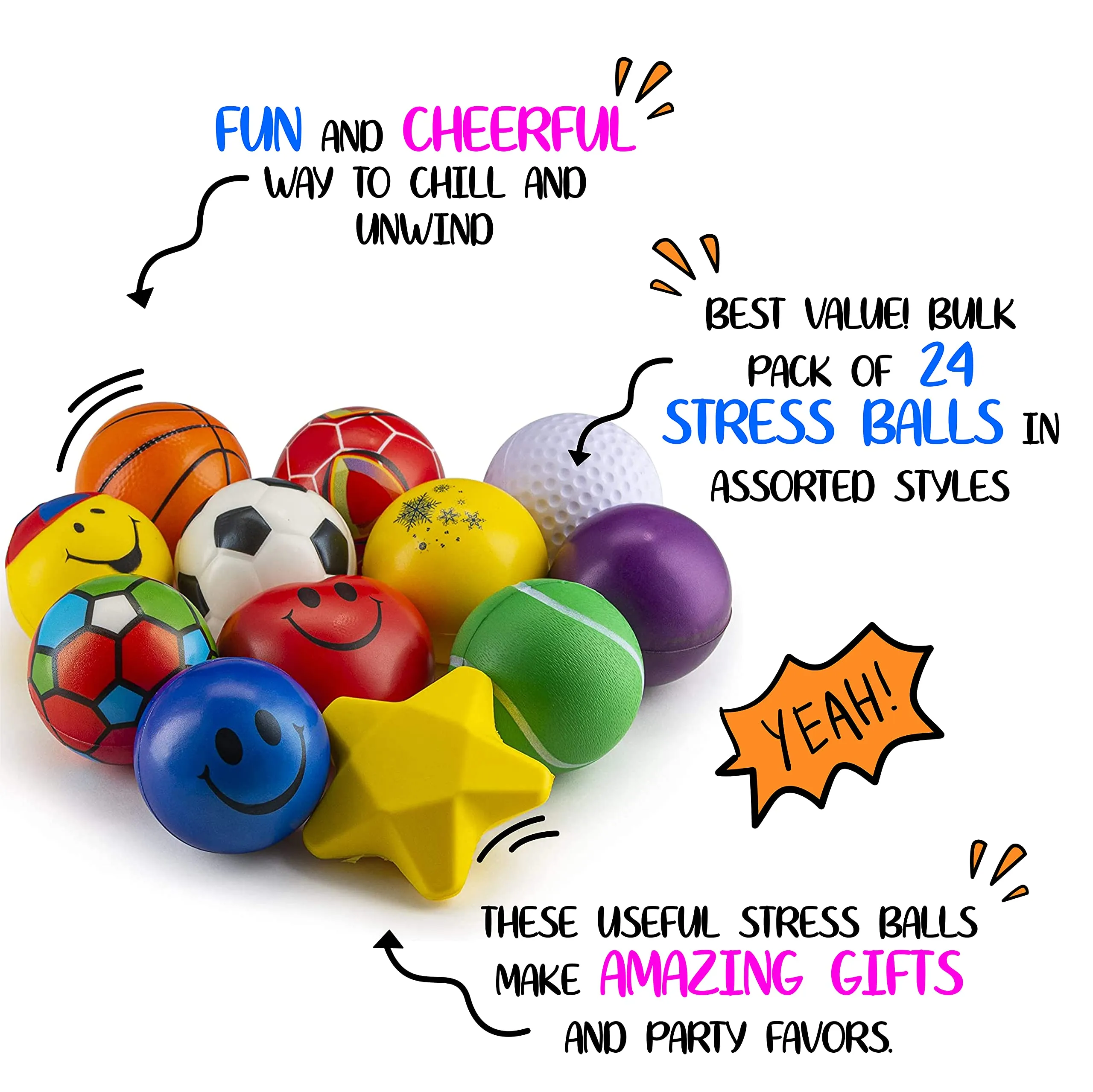 24 Stress Balls - Bulk Pack Of 2.5" Stress Balls - Treasure Box Classroom Prizes, Party