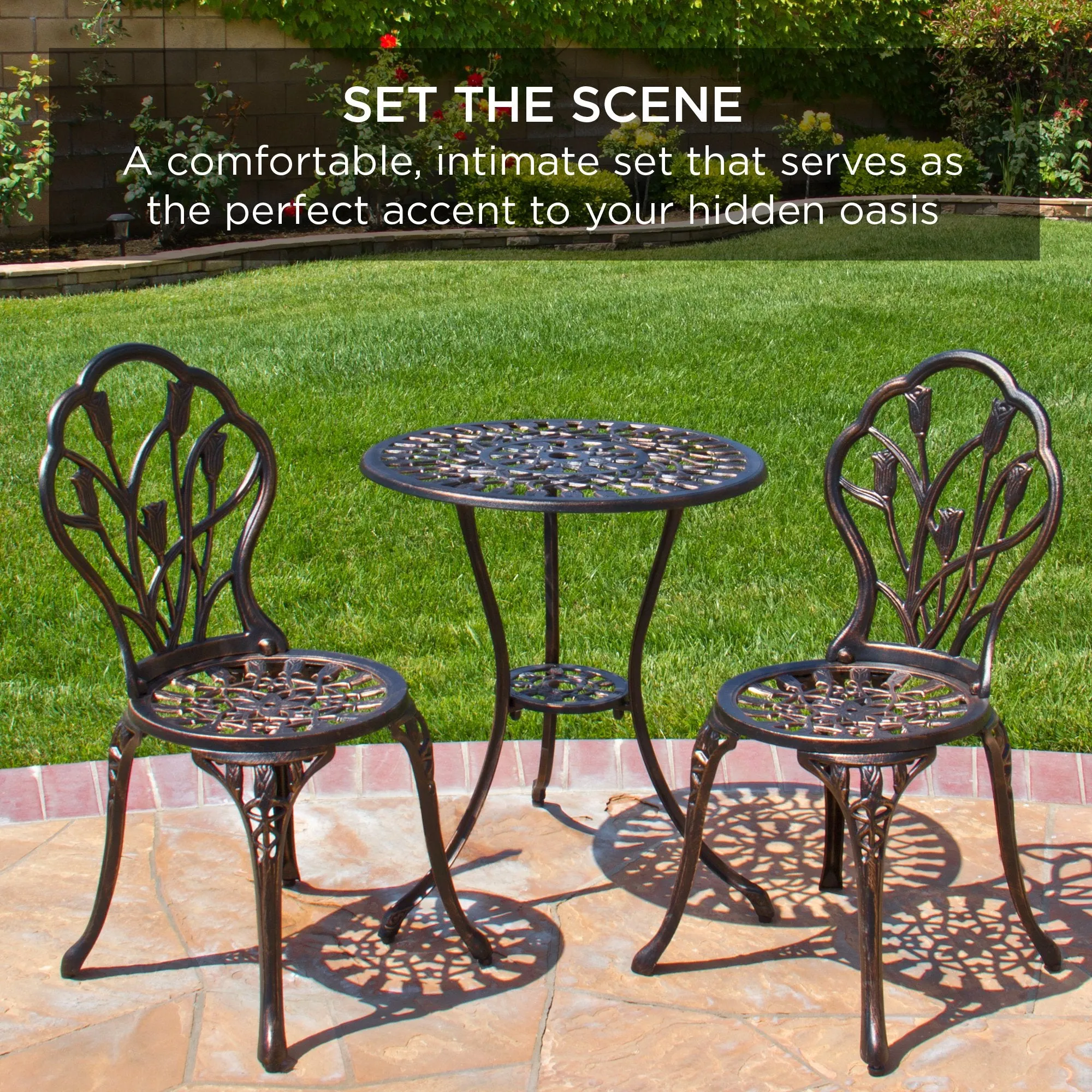 3-Piece Cast Aluminum Patio Bistro Furniture Set w/ Antique Copper Finish