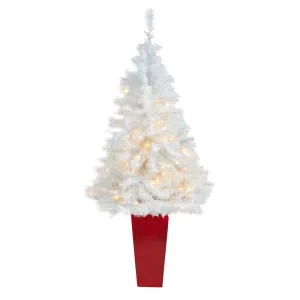 4.5' White Artificial Christmas Tree with 100 Clear LED Lights in Red Planter