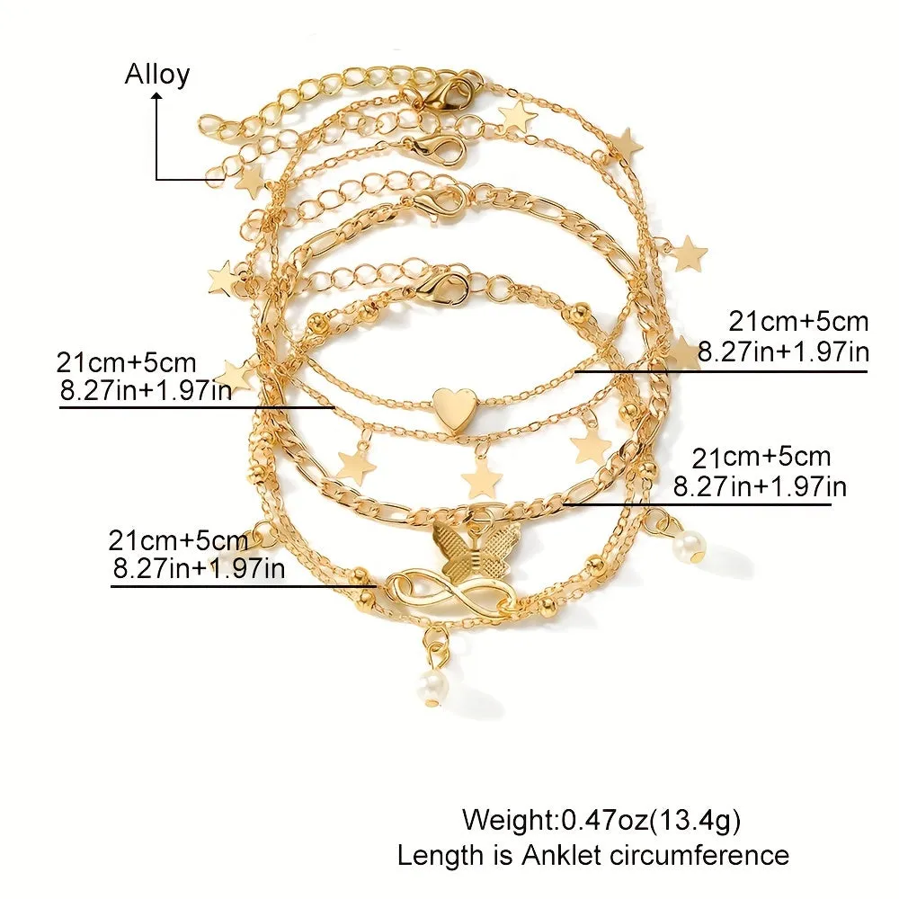 4piece Butterfly Infinity Anklet Set with Thin Chains