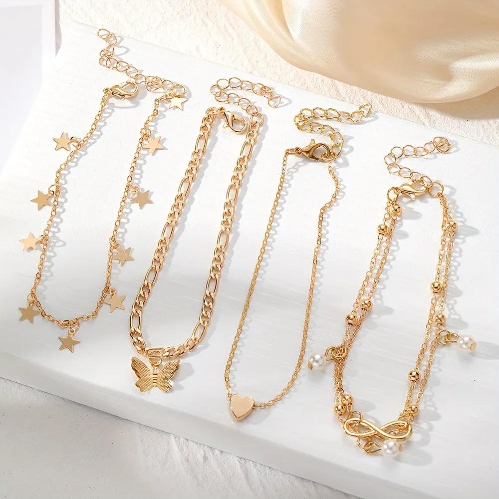 4piece Butterfly Infinity Anklet Set with Thin Chains