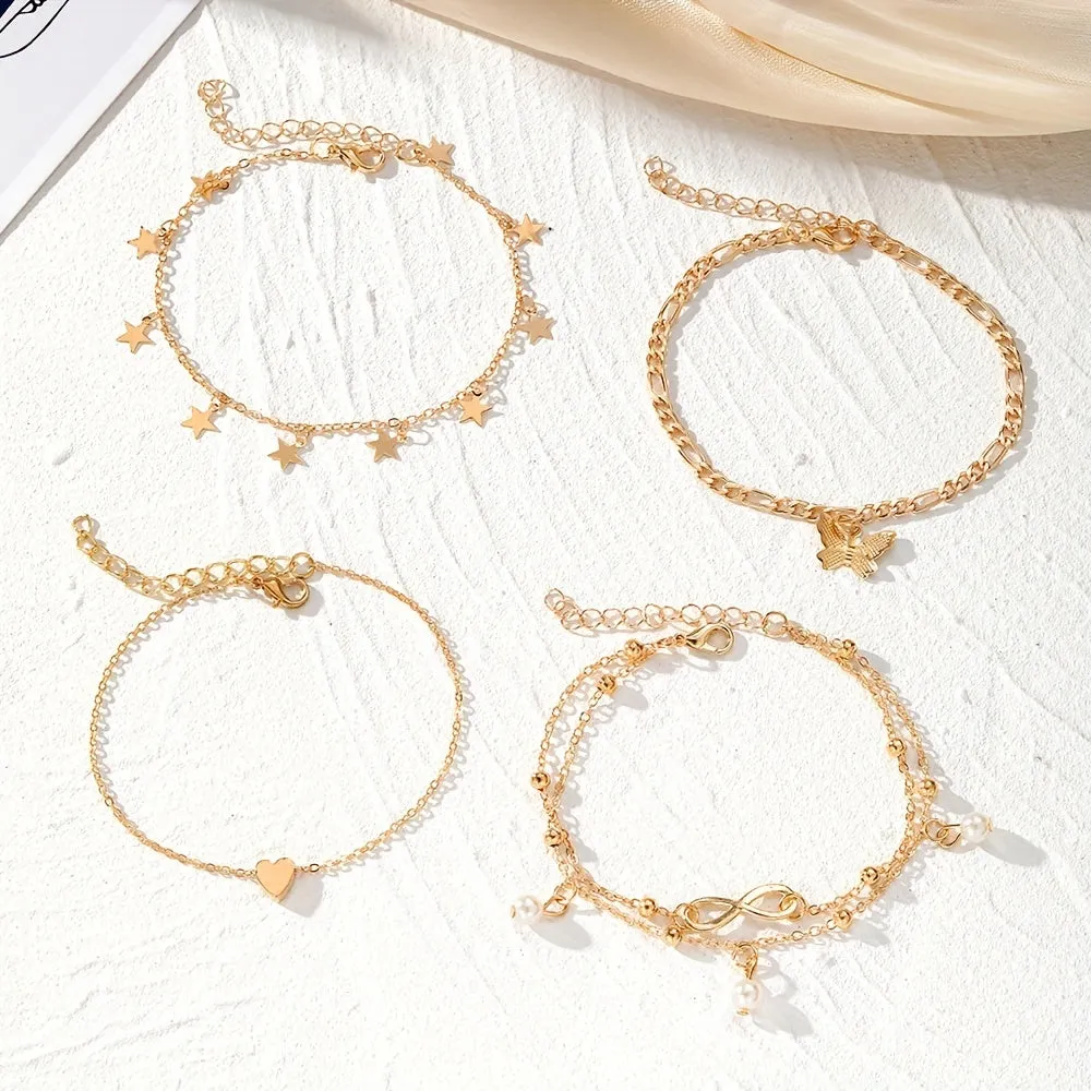 4piece Butterfly Infinity Anklet Set with Thin Chains