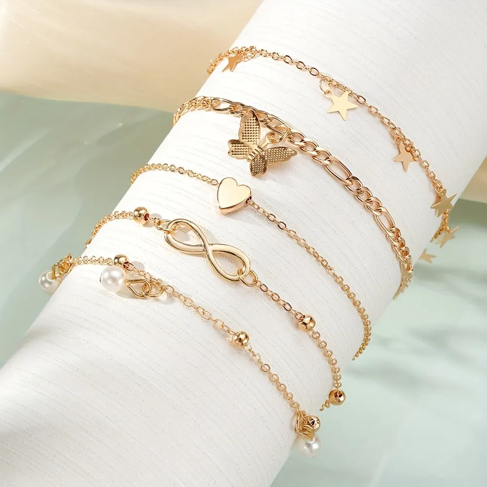 4piece Butterfly Infinity Anklet Set with Thin Chains