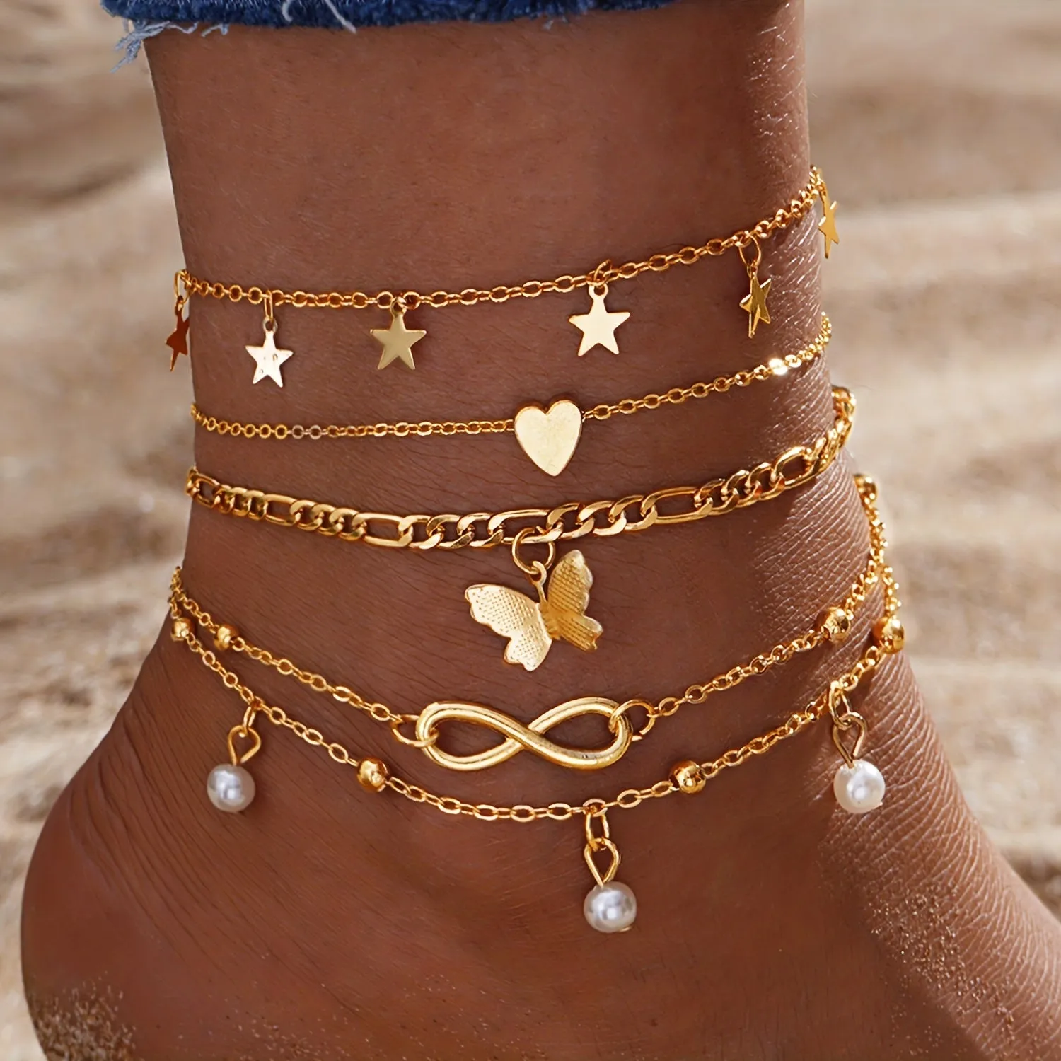 4piece Butterfly Infinity Anklet Set with Thin Chains