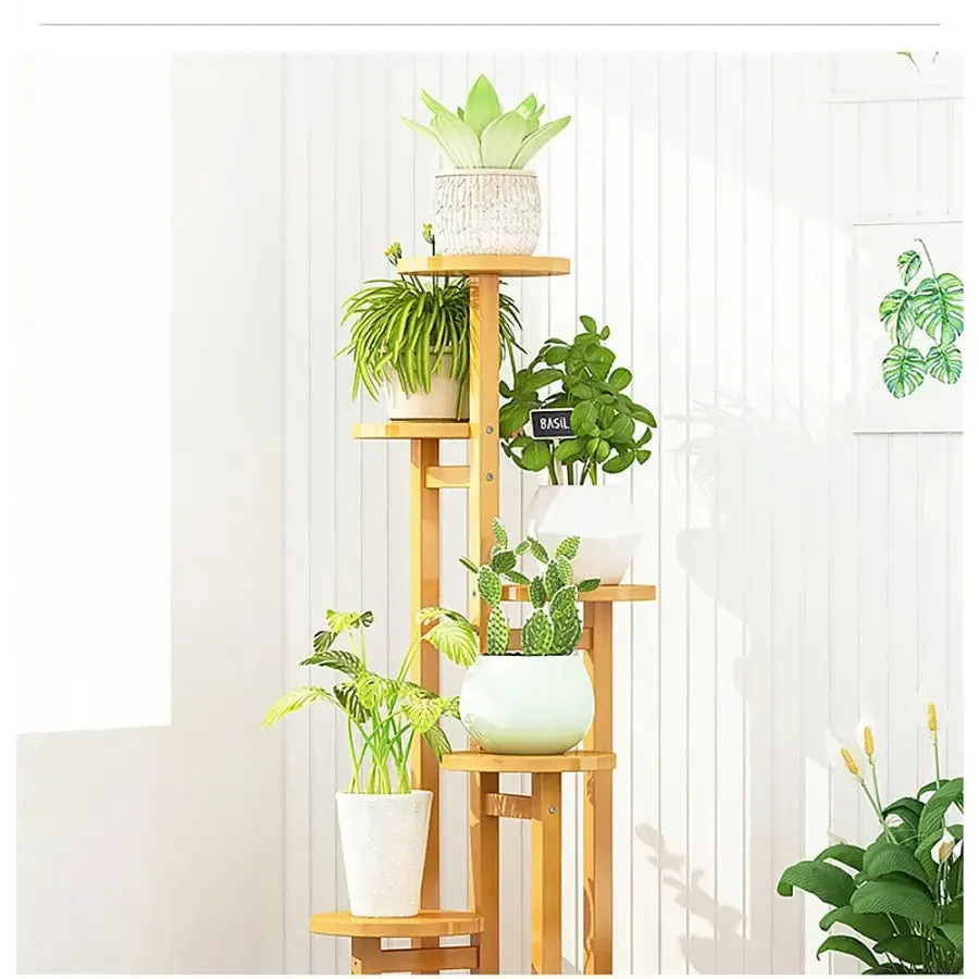 5 Tier Natural Brown Vertical Bamboo Plant Stand