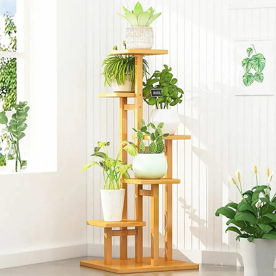 5 Tier Natural Brown Vertical Bamboo Plant Stand