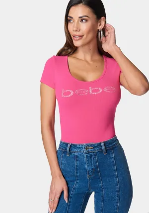 Bebe Logo Short Sleeve Round Neck Rib Top