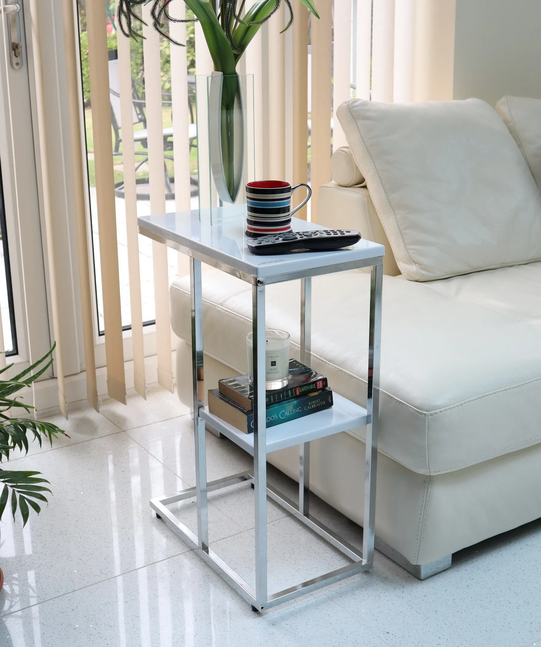 Bellini C Shaped Table With Shelf-White