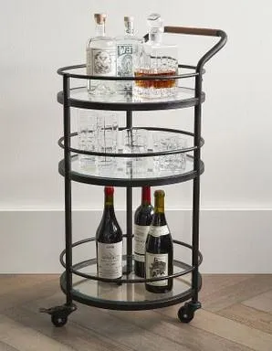 Black Round Two Tier Bar Cart Trolley with Clear Glass Shelves (Iron)