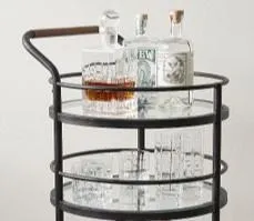 Black Round Two Tier Bar Cart Trolley with Clear Glass Shelves (Iron)