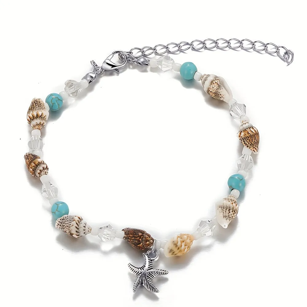 Boho Style Starfish Pendant Anklet with Conch Beads