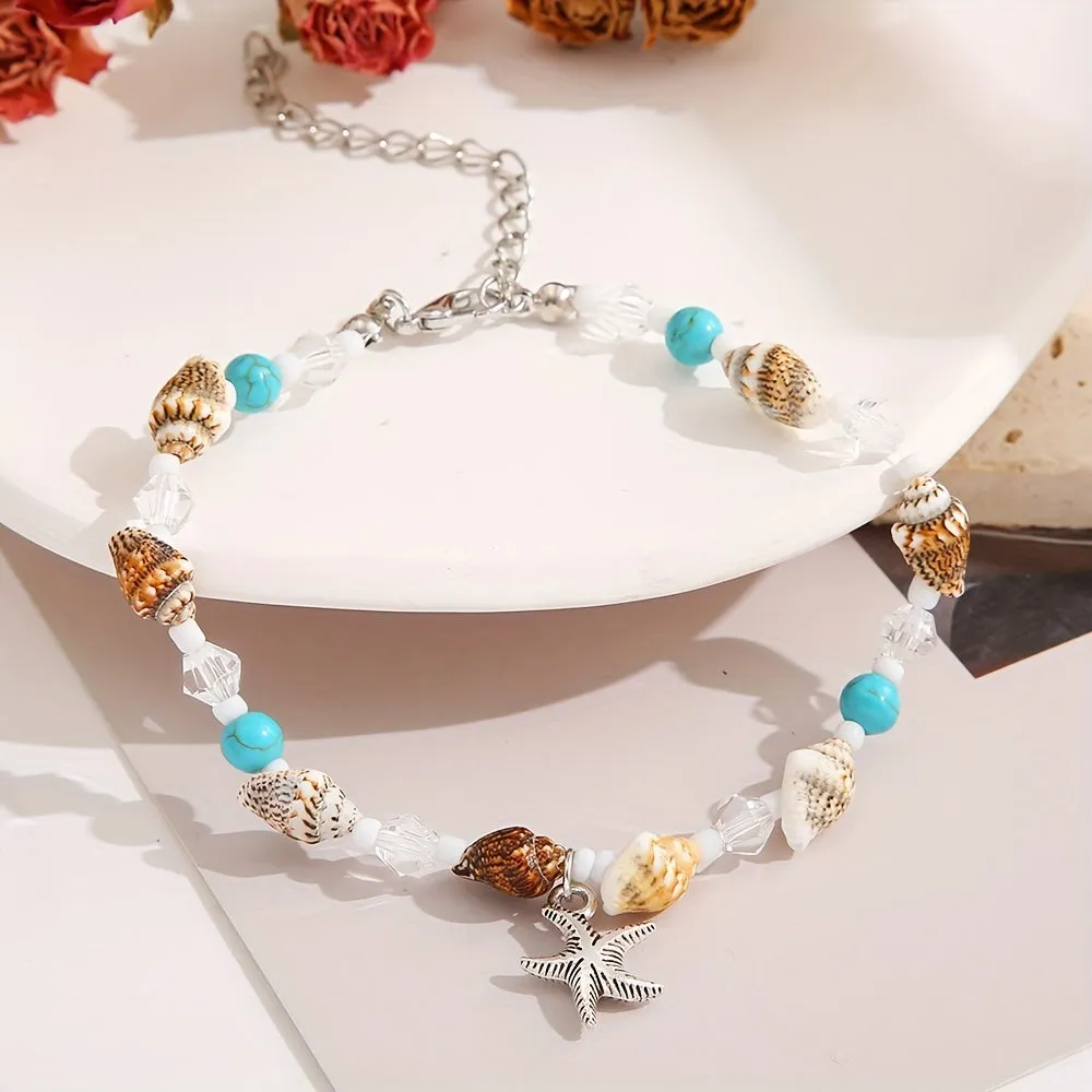 Boho Style Starfish Pendant Anklet with Conch Beads