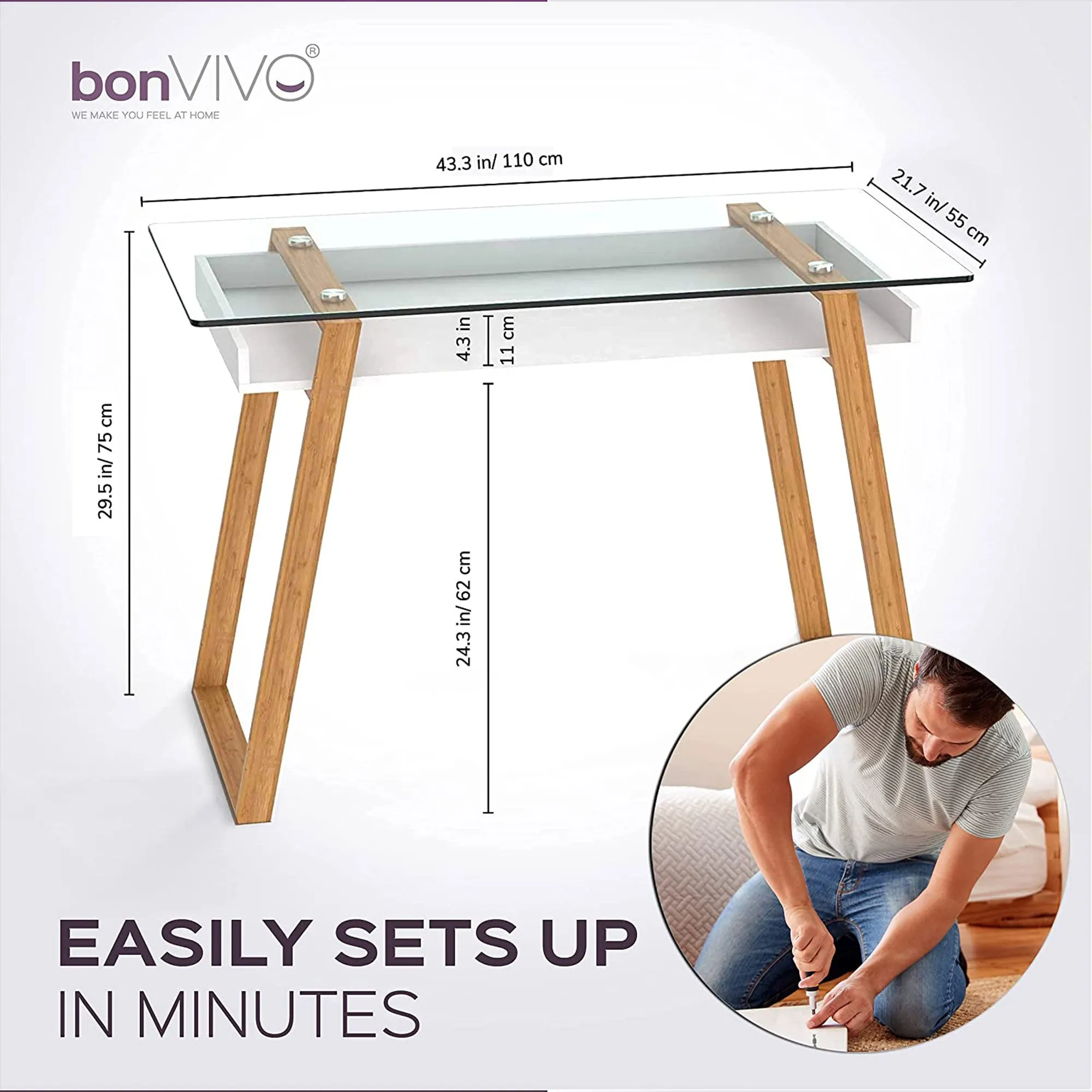 bonVIVO Massimo 43" Computer Desk Study Table w/Glass Top & Storage Shelf, White