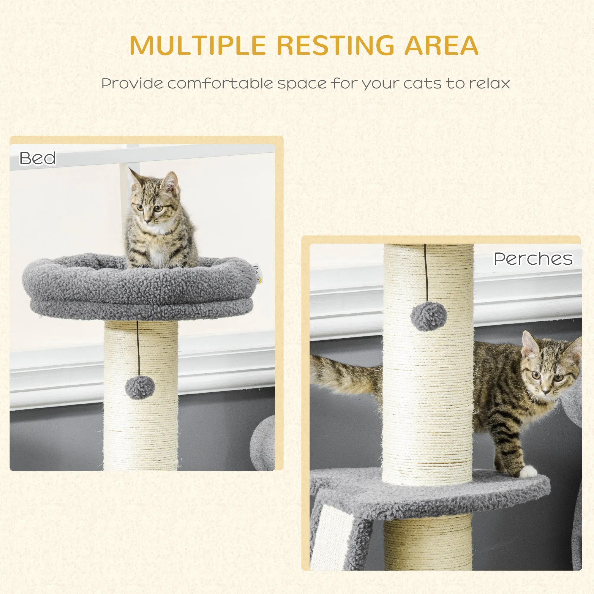 Cat Tree Cat Tower with Cat Scratching Posts, Pad, Bed, Toy Ball for Cats under 6 Kg, Grey & Beige