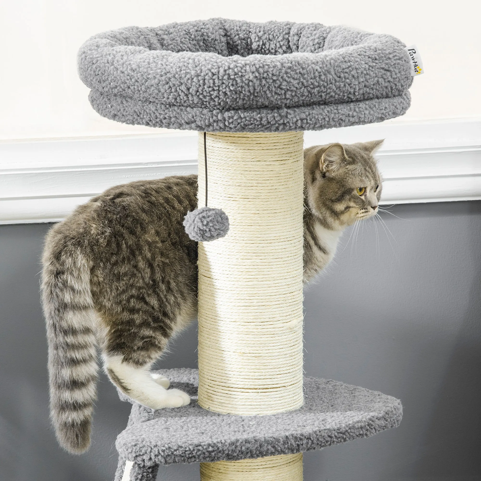 Cat Tree Cat Tower with Cat Scratching Posts, Pad, Bed, Toy Ball for Cats under 6 Kg, Grey & Beige