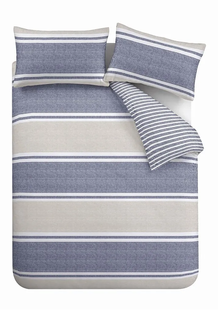 Classic Textured Banded Stripe Reversible Duvet Cover Set - Blue