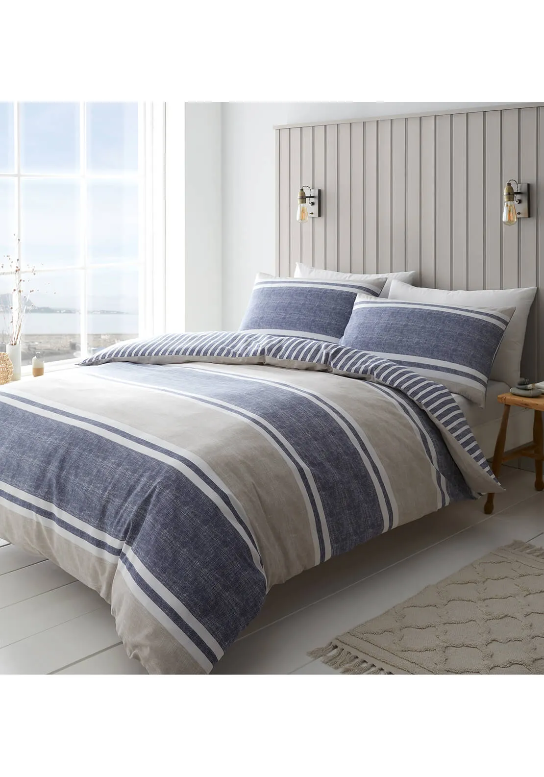 Classic Textured Banded Stripe Reversible Duvet Cover Set - Blue