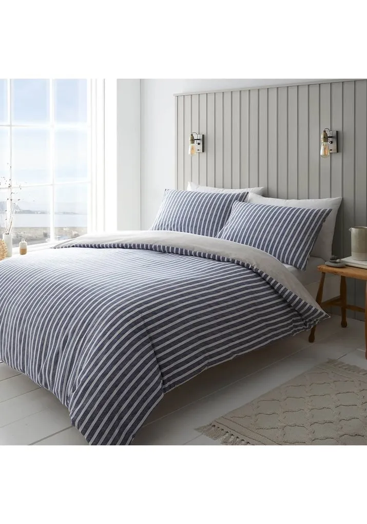 Classic Textured Banded Stripe Reversible Duvet Cover Set - Blue