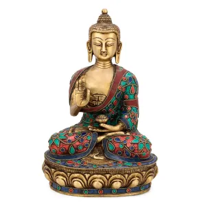 Collectible India 10" Big Thai Buddha Statue Handmade Lotus Sitting Blessing Buddhism Idol - Brass Turquoise Stone Floral Work