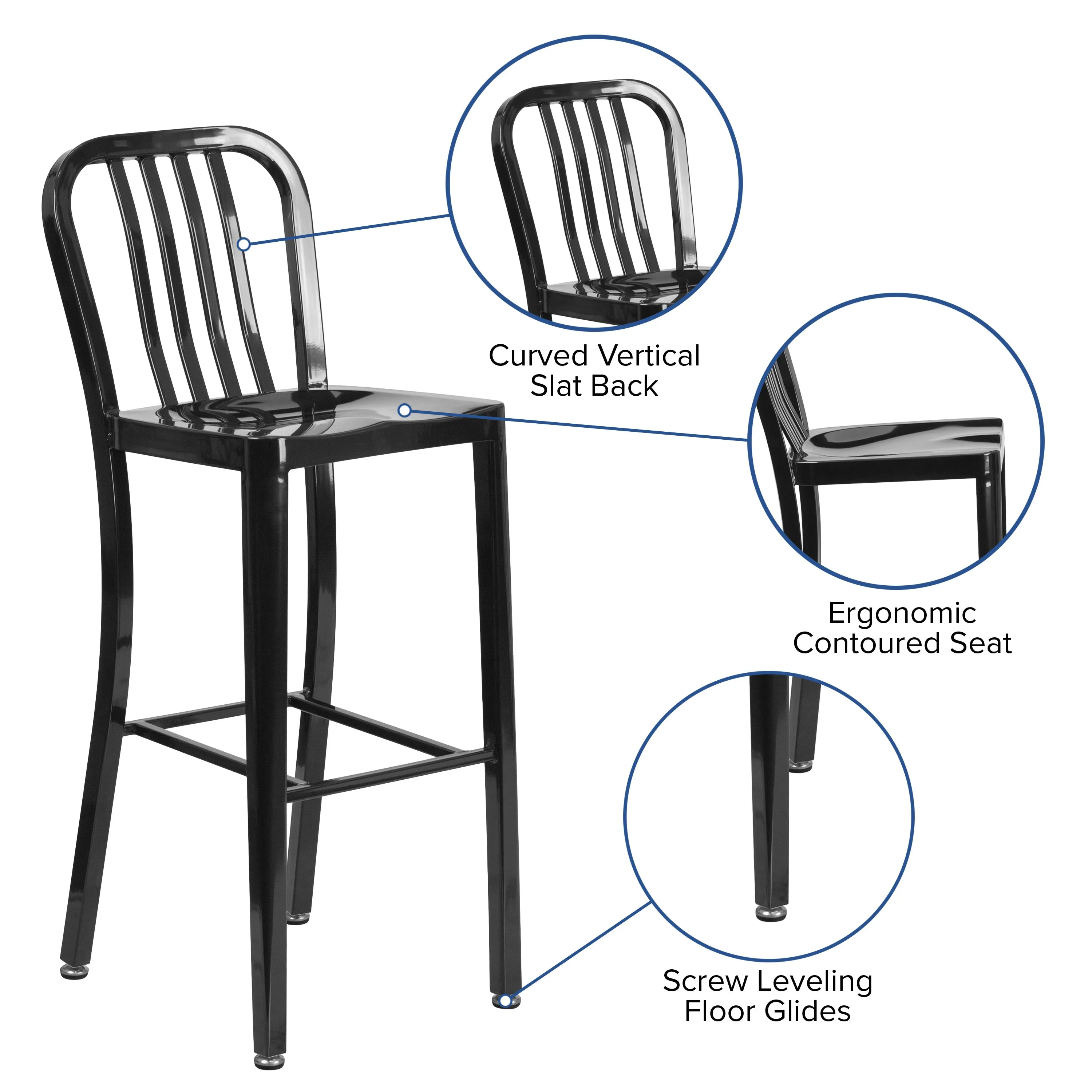 Commercial Grade 30" High Metal Indoor-Outdoor Barstool with Vertical Slat Back