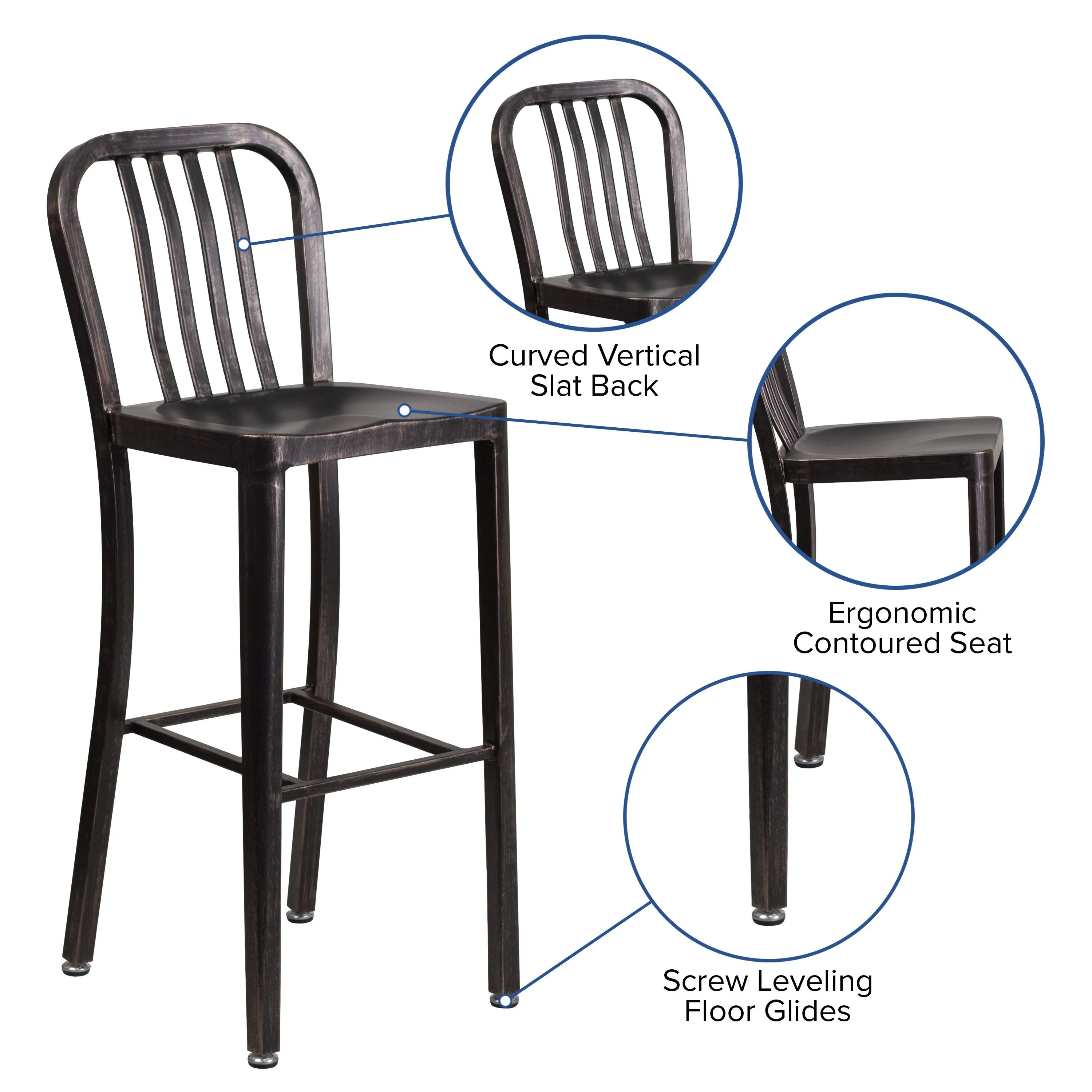 Commercial Grade 30" High Metal Indoor-Outdoor Barstool with Vertical Slat Back