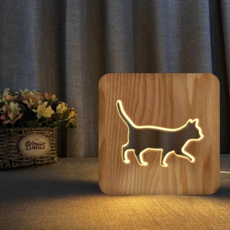 Cute Cat 3D Wooden Carving Lamp USB LED Table Light Switch Control