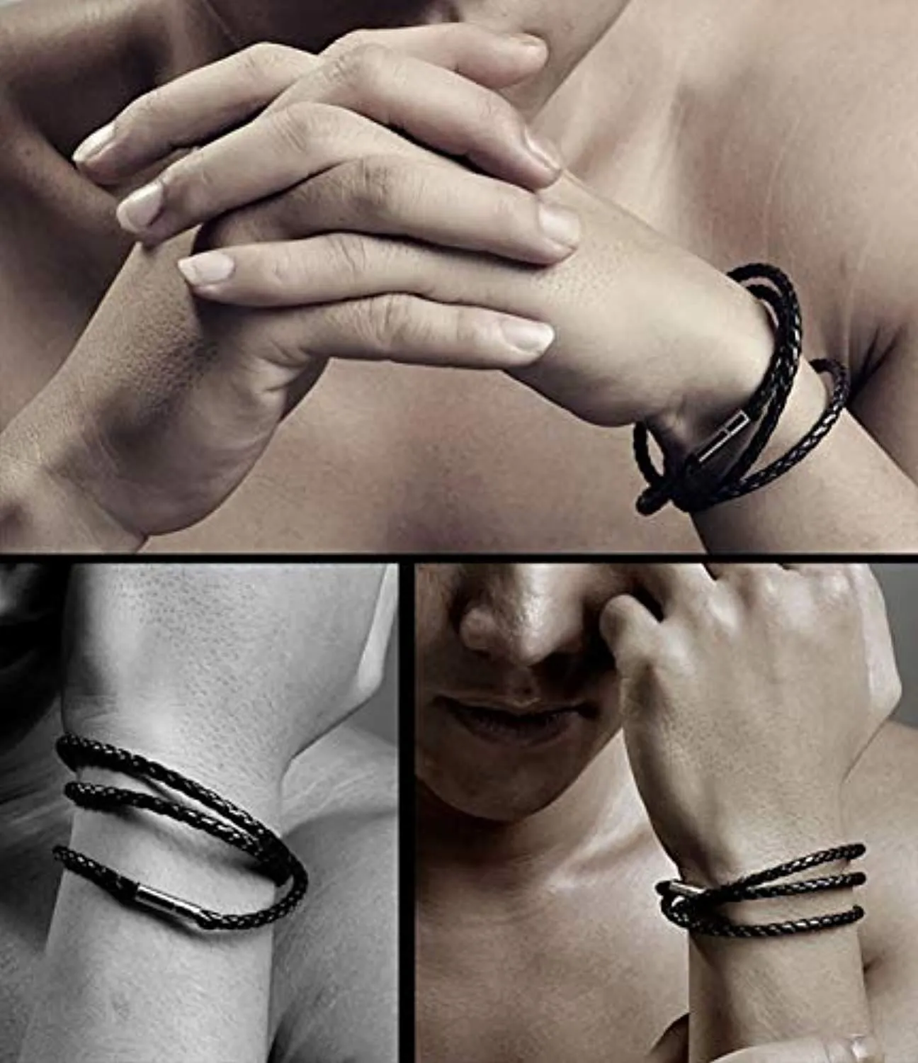 Electomania Black Leather Multi-Layer Bracelet for Men