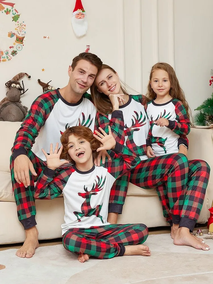 Family Chic Minimalist Pajama Set with Moose Plaid Print