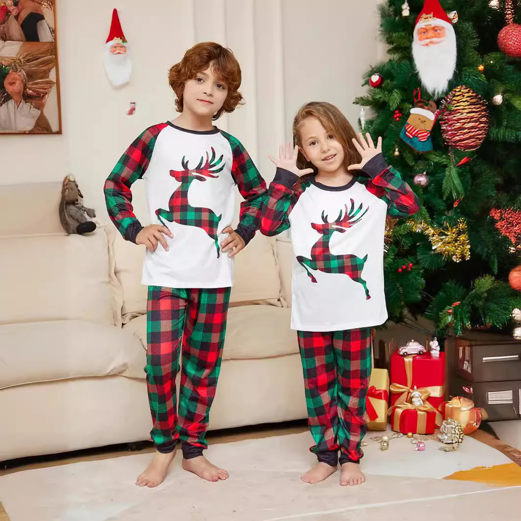 Family Chic Minimalist Pajama Set with Moose Plaid Print