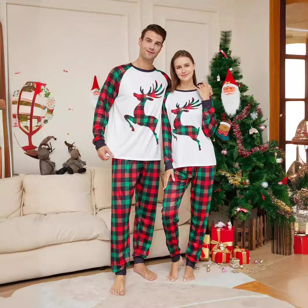 Family Chic Minimalist Pajama Set with Moose Plaid Print