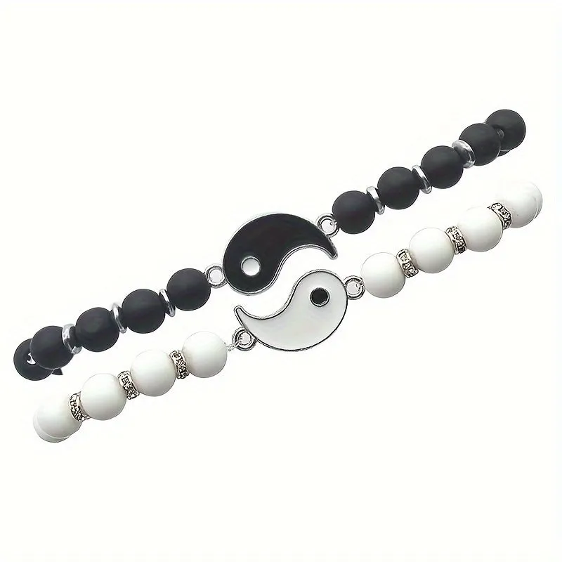 His and Hers Beaded Bracelet Set  White  Black