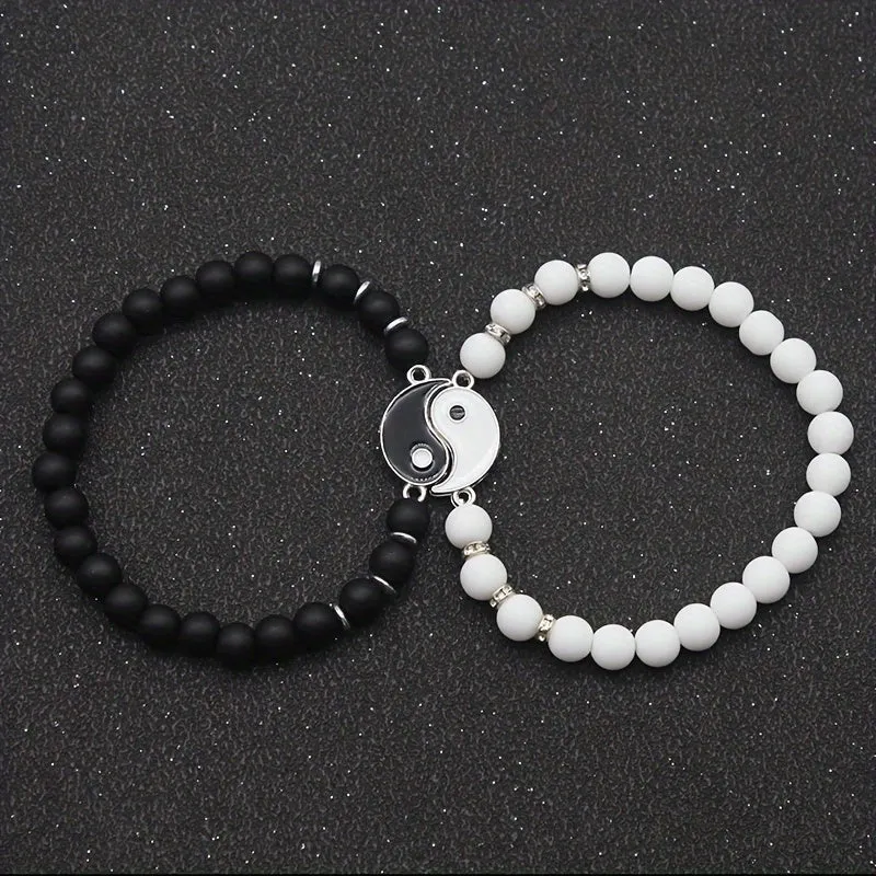 His and Hers Beaded Bracelet Set  White  Black