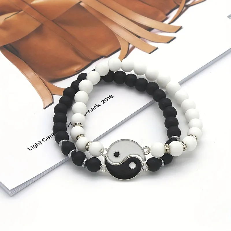 His and Hers Beaded Bracelet Set  White  Black