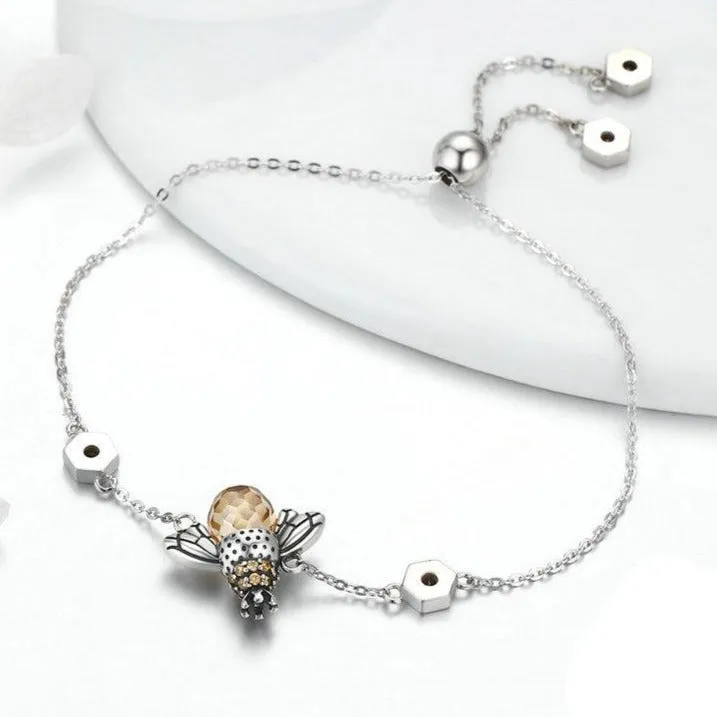 Honey Bee Crystal and Chain Link 925 Sterling Silver Fashion Bracelet