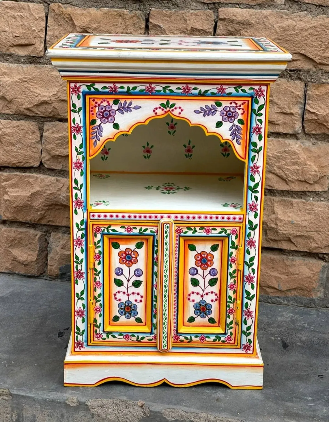 Indian Wooden Handmade Cream & Yellow Hand Painted Bedside Table, Home Decor Table,Bedroom Table,Side Table By J.L.HOME DECOR