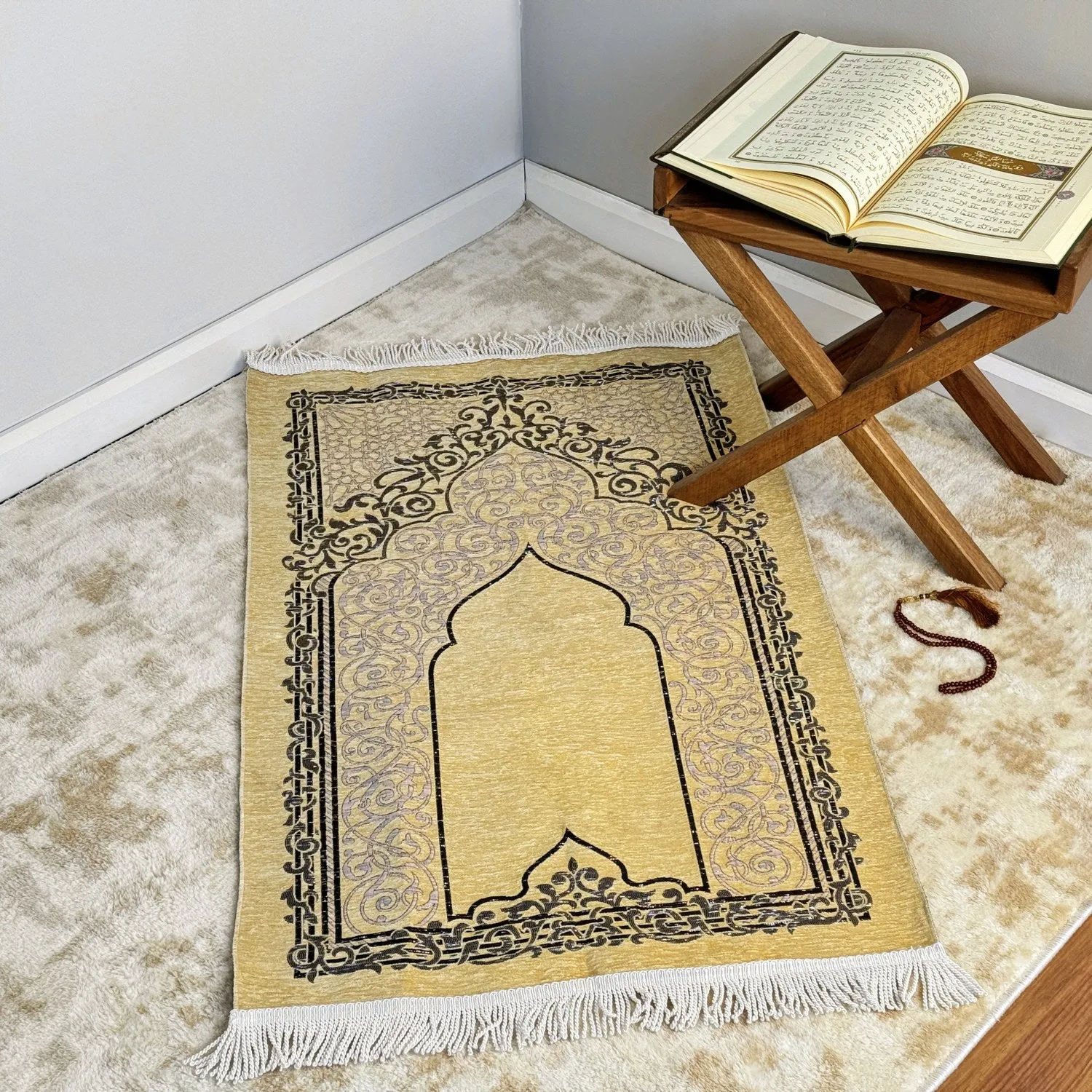 Islamic Prayer Rug and Beads Set, Beige - Islamic Gift