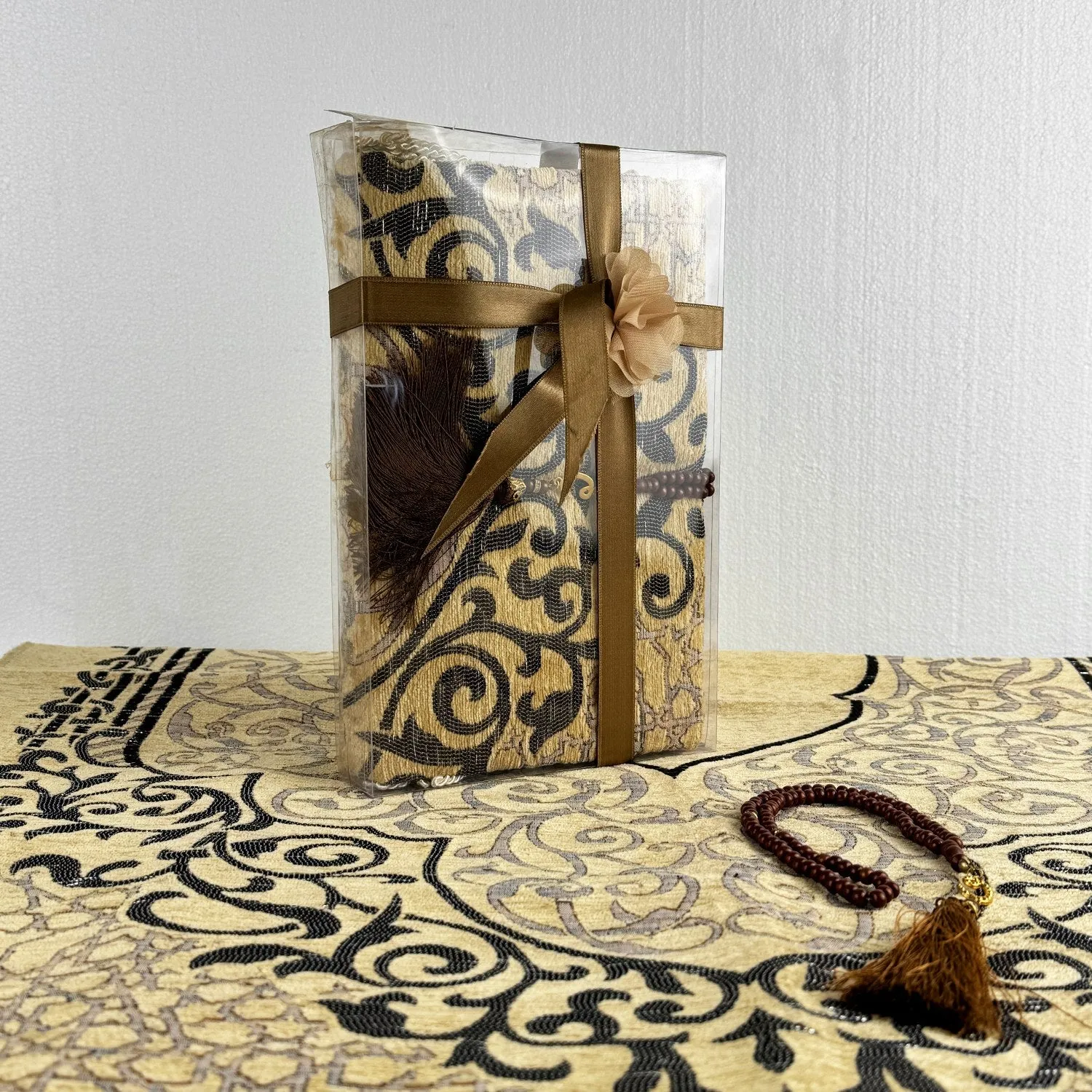 Islamic Prayer Rug and Beads Set, Beige - Islamic Gift