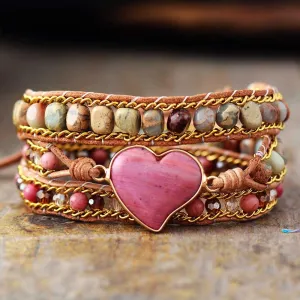 Jasper & Rhodonite Heart Charm Wrap Bracelet