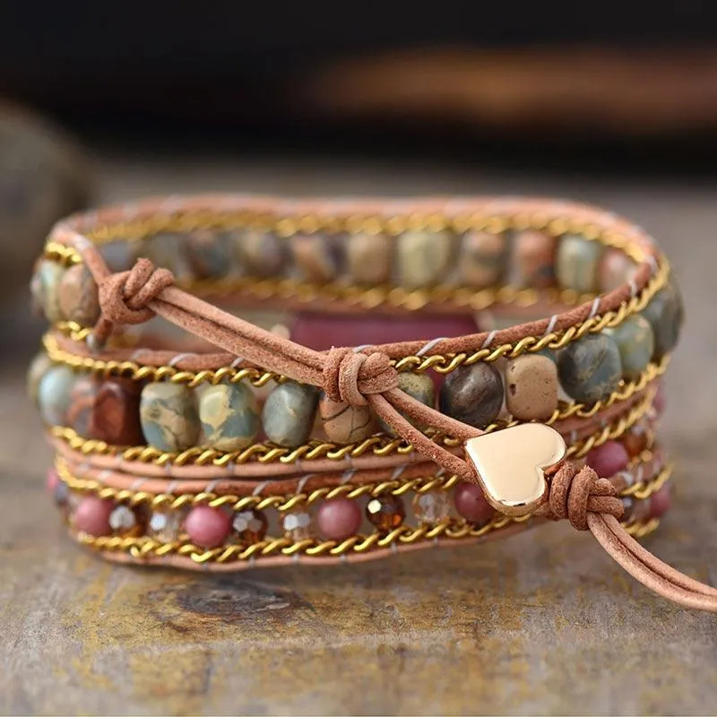 Jasper & Rhodonite Heart Charm Wrap Bracelet