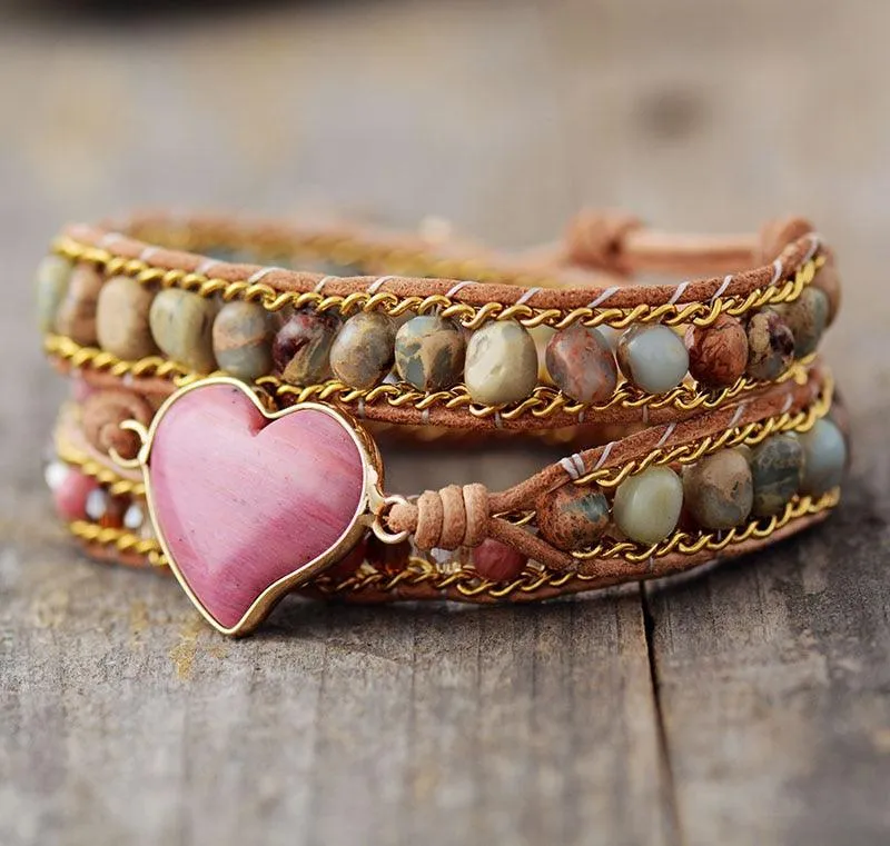 Jasper & Rhodonite Heart Charm Wrap Bracelet