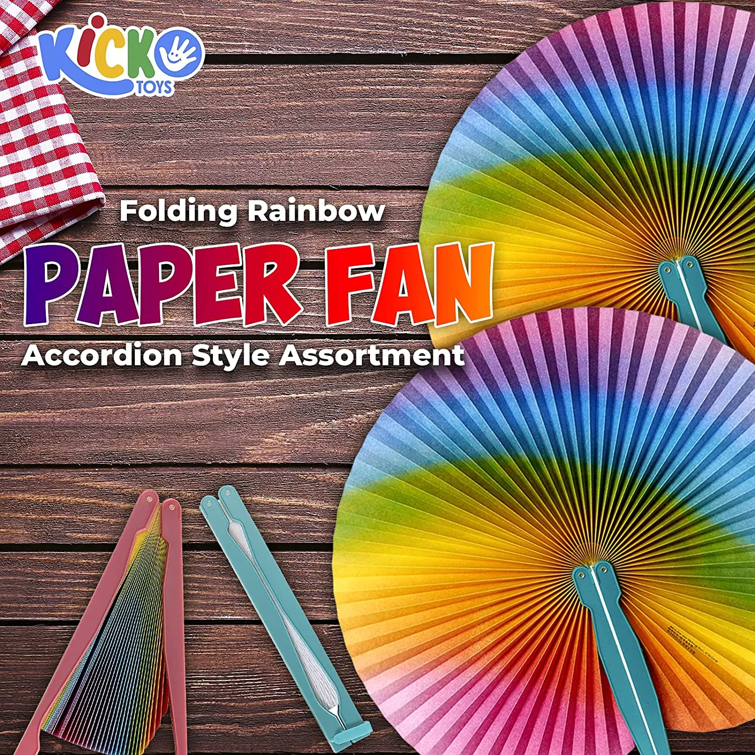 Kicko 10 Inch Folding Rainbow Paper Fan - 12 Pieces of Accordion Style Assortment