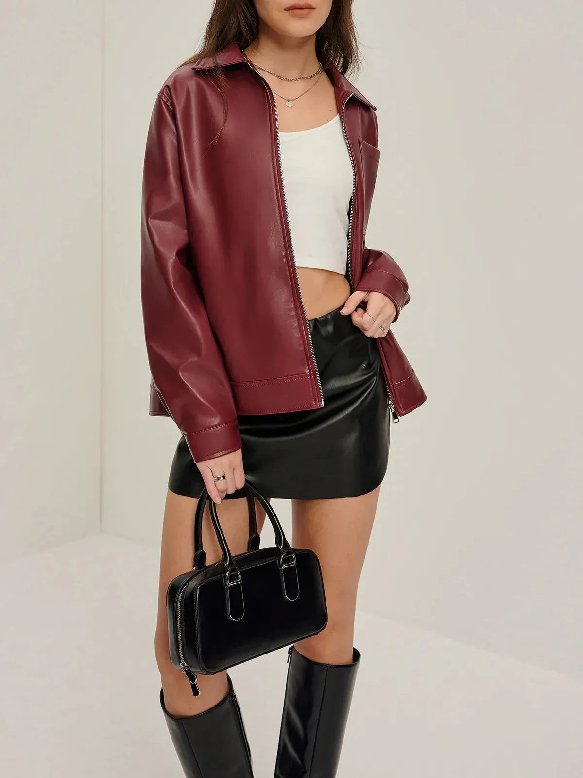 Lapel Zipper PU Leather Jacket