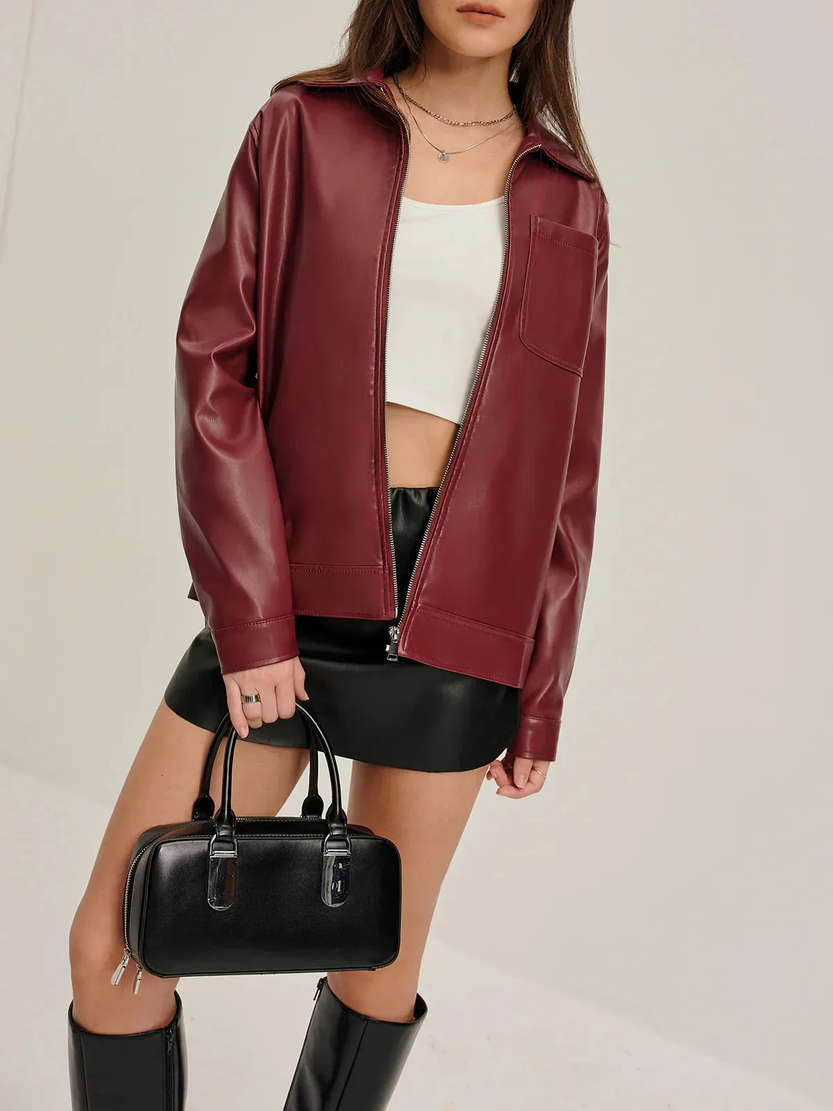 Lapel Zipper PU Leather Jacket