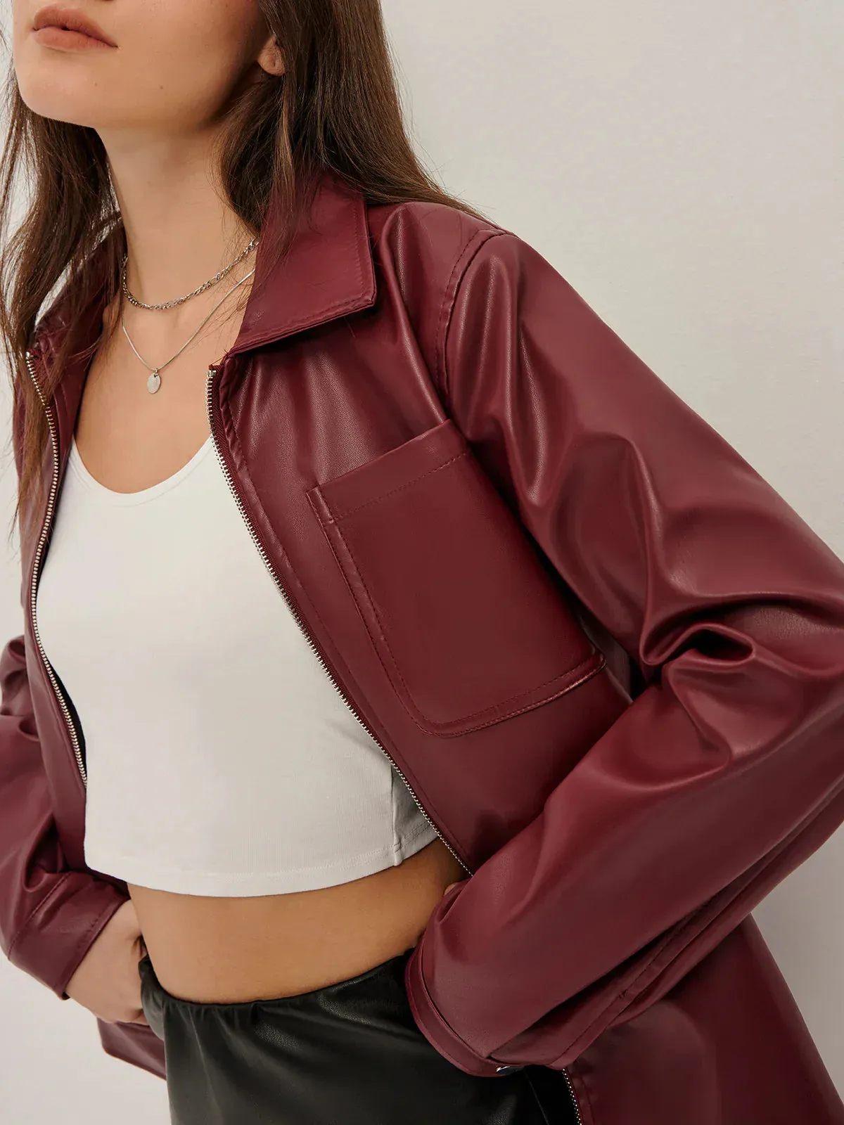 Lapel Zipper PU Leather Jacket