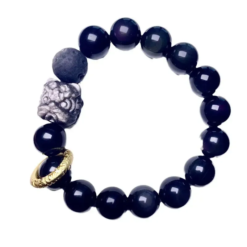 Lion Awakening Chakra Stone Silver Obsidian Bracelet