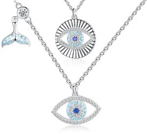 Lucky Blue Evil Eye and Fishtail 925 Sterling Silver Pendant Necklace